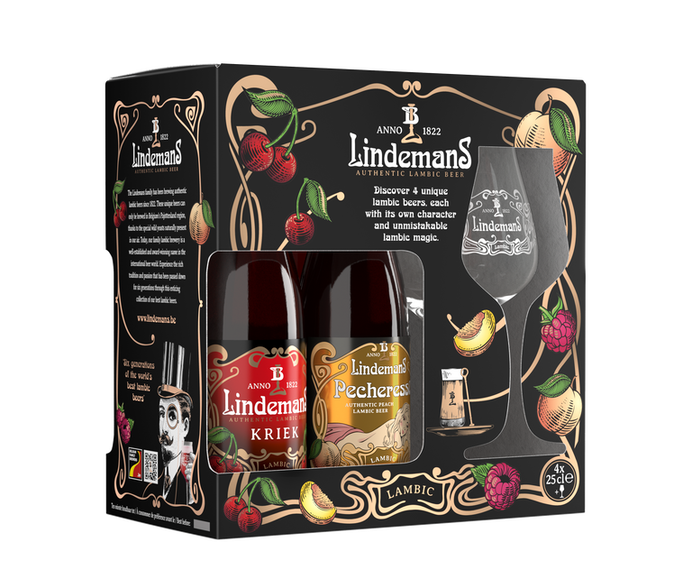 Lindemans Geschenkverpakking 4x25cl + kristallen glas