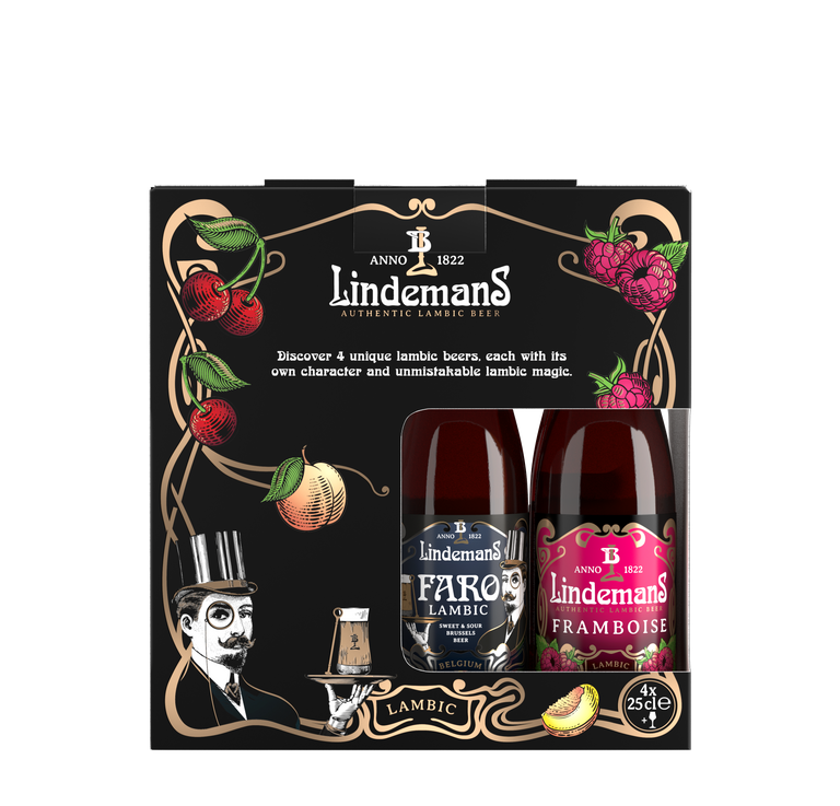 Lindemans Geschenkverpakking 4x25cl + kristallen glas
