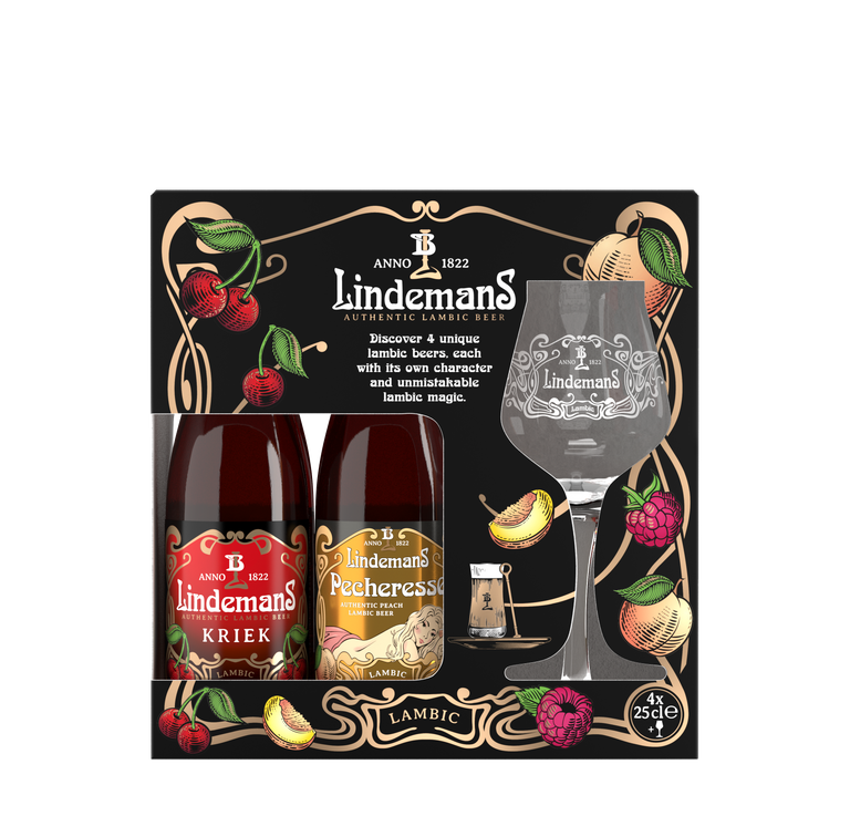 Lindemans Geschenkverpakking 4x25cl + kristallen glas