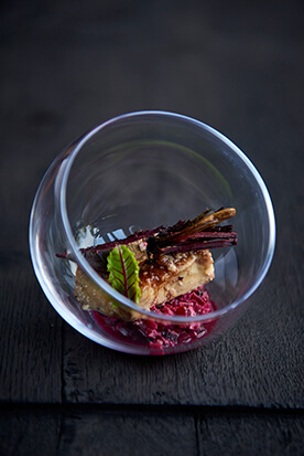 Glazed goose liver with baked beetroot with a brunoise of rhubarb and beetroot and a vinaigrette of Old Kriek Cuvée René and elderflower