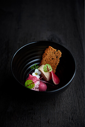 Goose liver with a cream of pine nut kernels, chicken liver mousse, foam of Lindemans Kriek and red radish